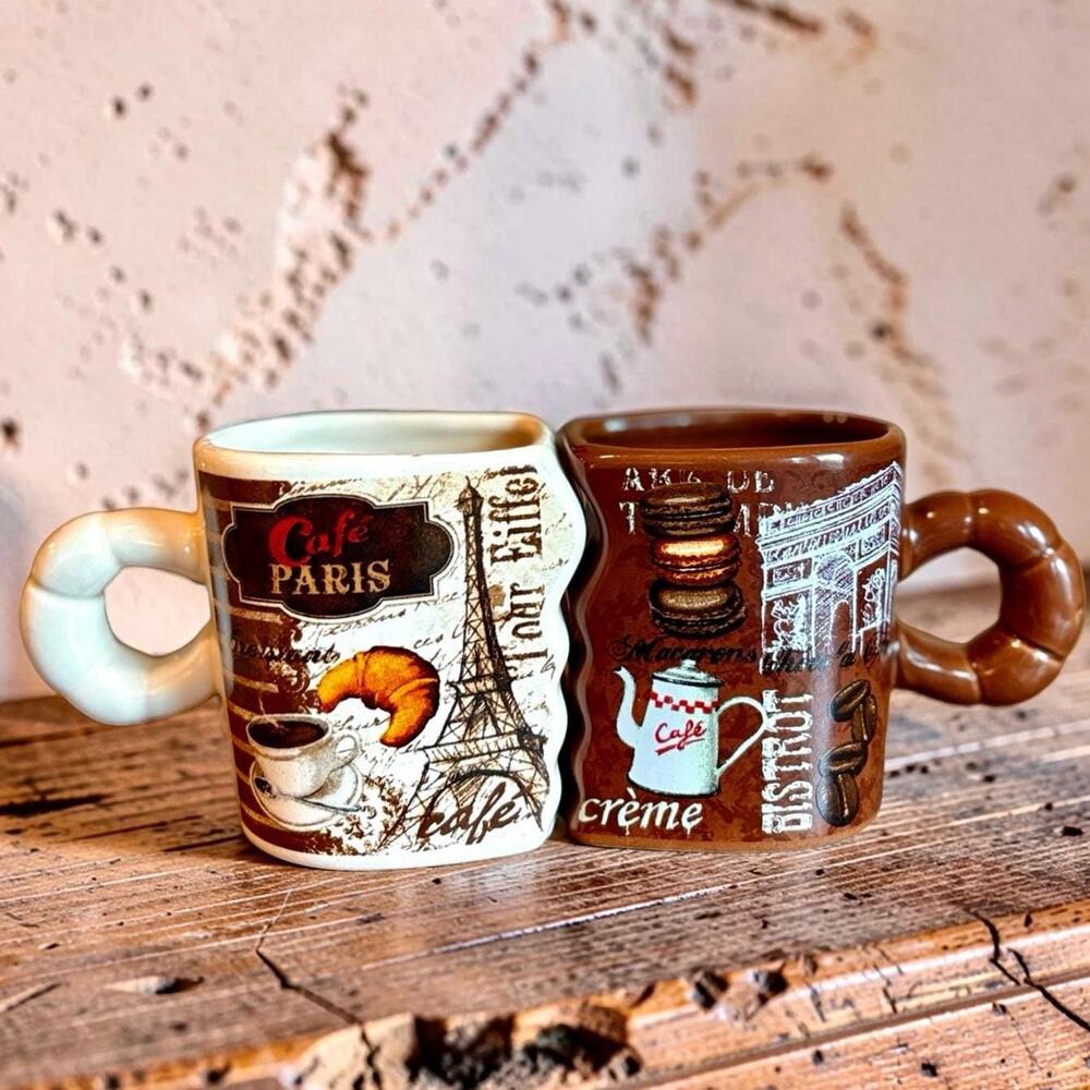 Vintage Paris Coffee Mug Set of 2 | French Café Ceramic Espresso Cups